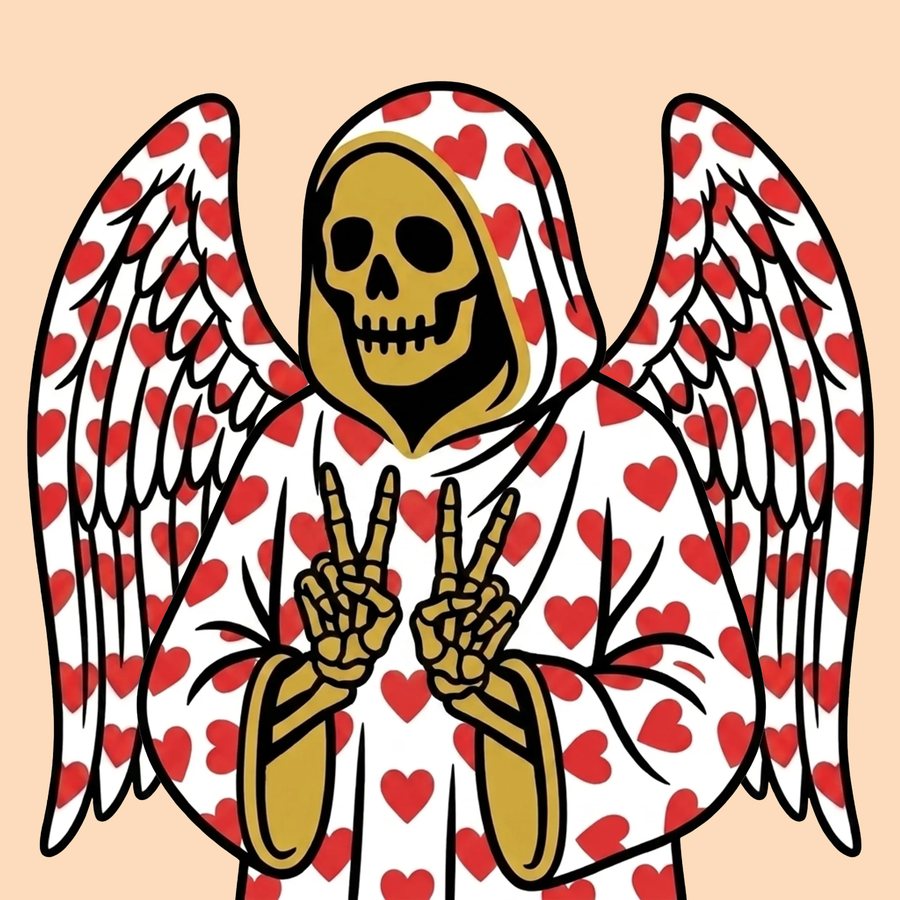 Reaper in purple robe holding four aces