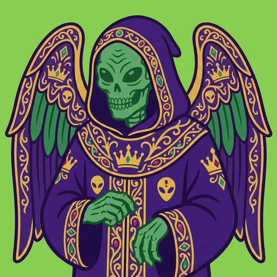 A green-skinned alien Reaper in a purple and gold robe with jeweled peacock wings