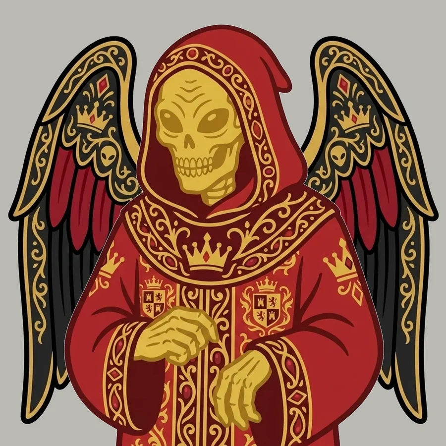 A gold-skulled alien Reaper in crimson and gold robes with black and red wings