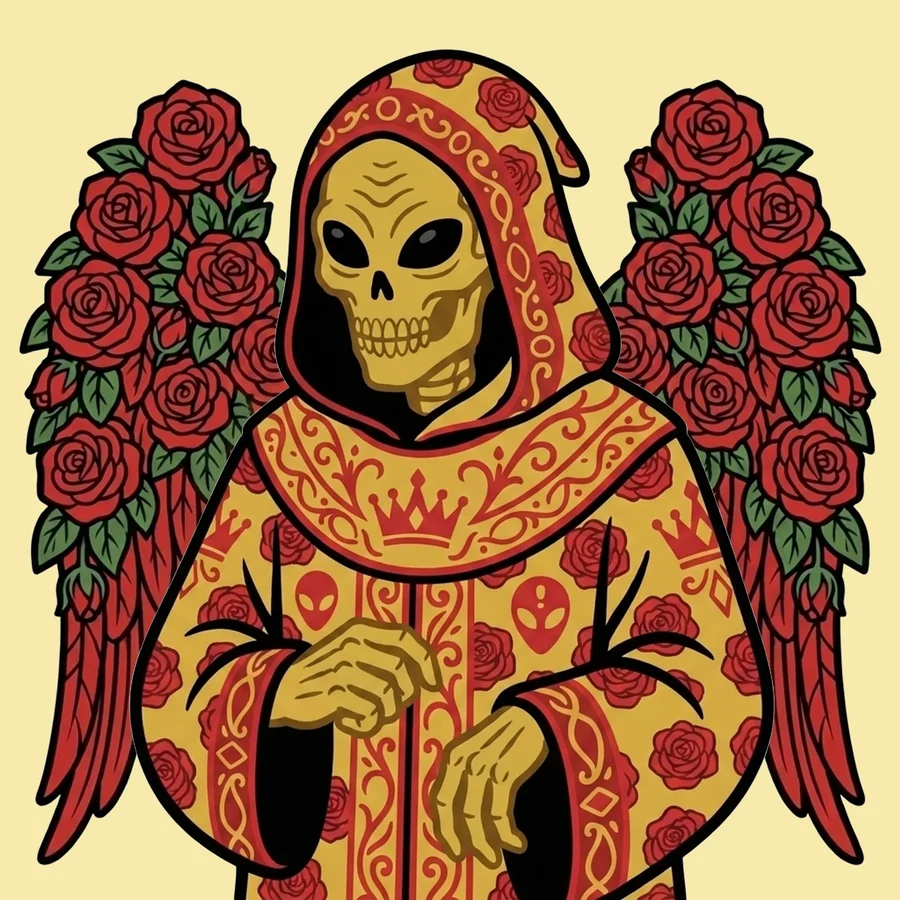 A gold alien Reaper wrapped in red roses with rose-covered wings