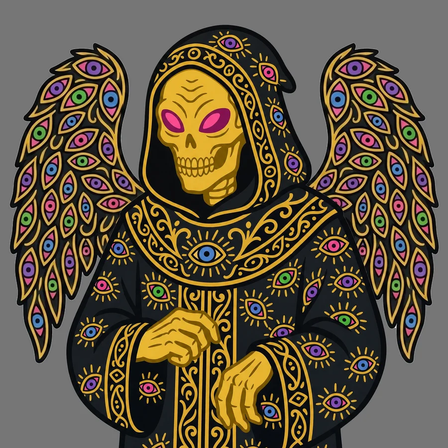 A gold alien Reaper in black robes covered in colorful all-seeing eyes with eye-covered wings