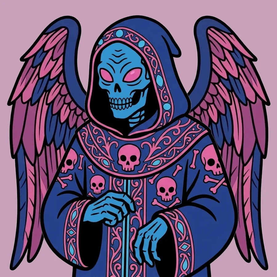 A blue-skulled alien Reaper in blue and pink robes with skull motifs and pink wings