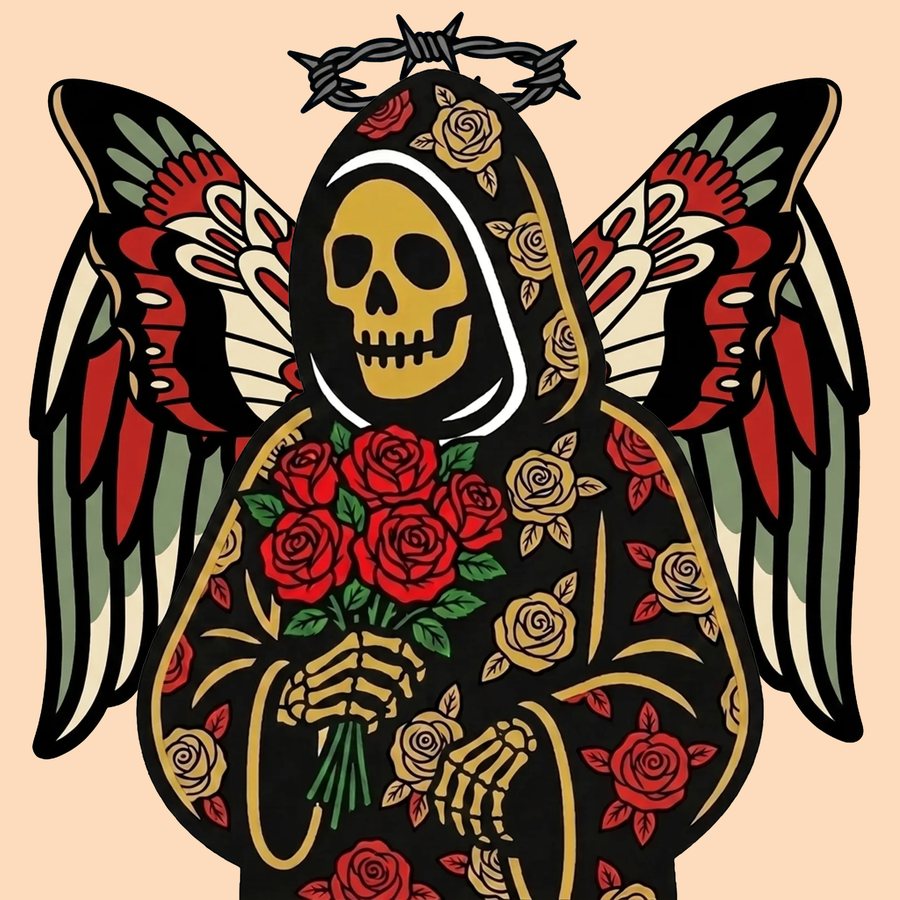 Reaper in rose-covered robe with butterfly wings and barbed wire halo holding a bouquet