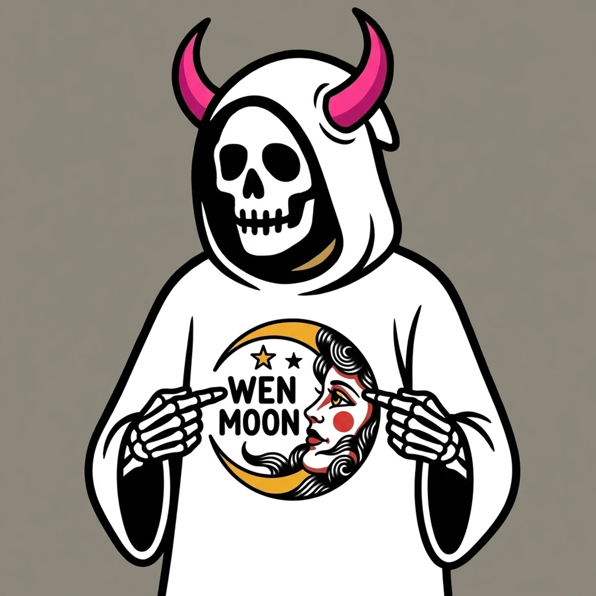 A horned Reaper in a white robe pointing at a Wen Moon tattoo graphic