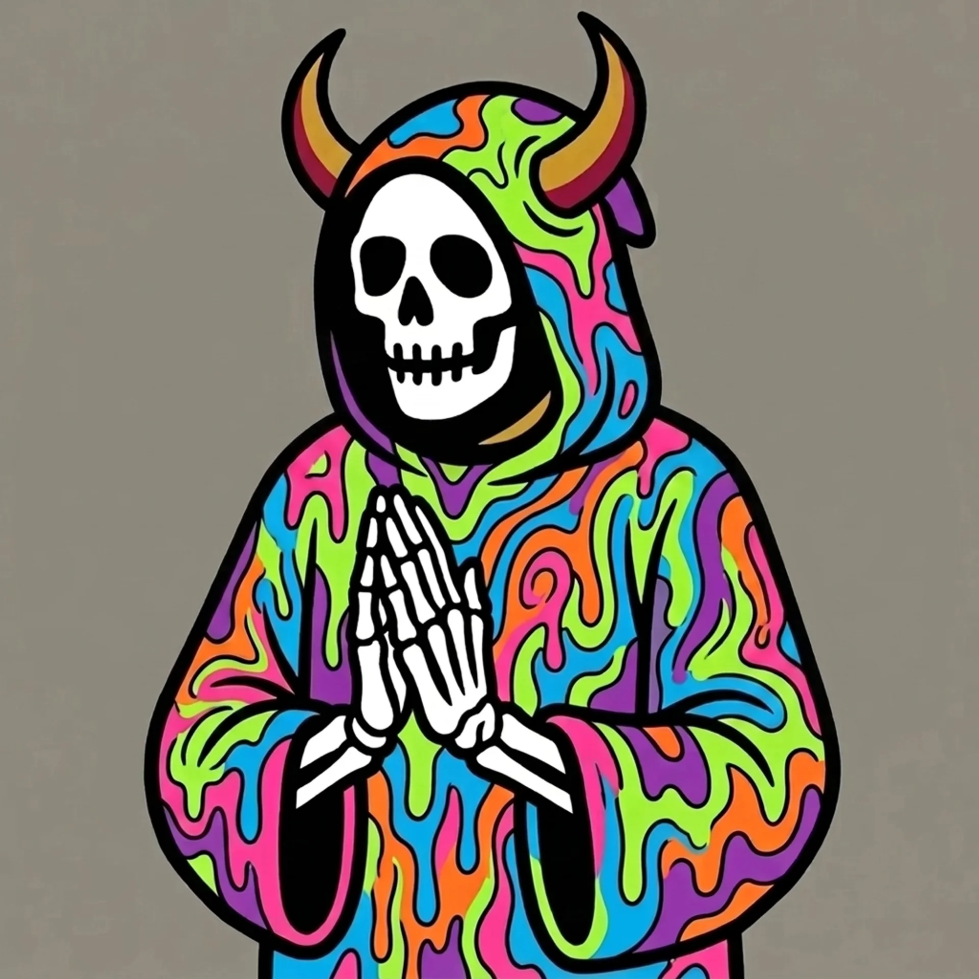 A horned Reaper in a rainbow melting robe with hands in prayer