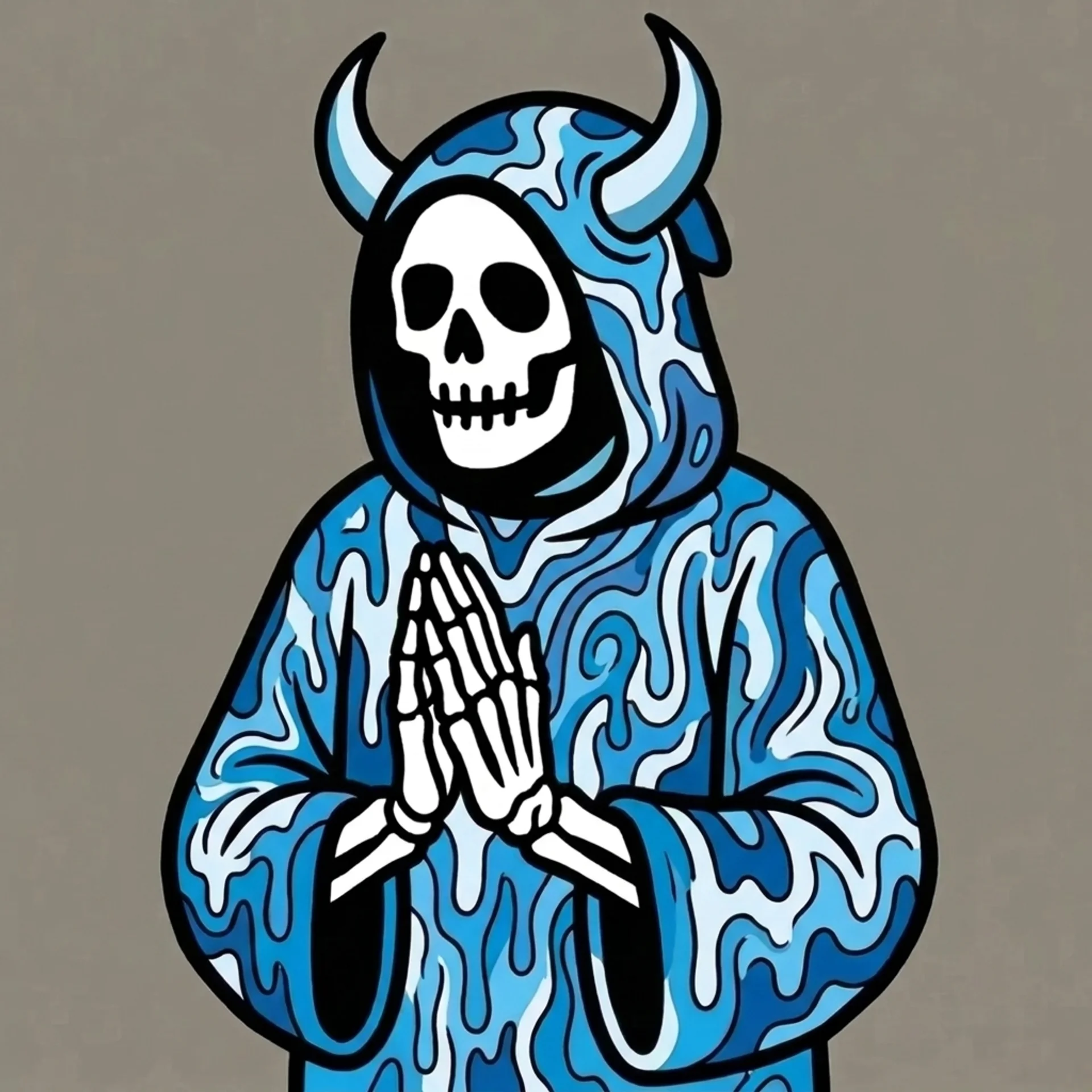 A horned Reaper in a blue marbled robe with hands in prayer