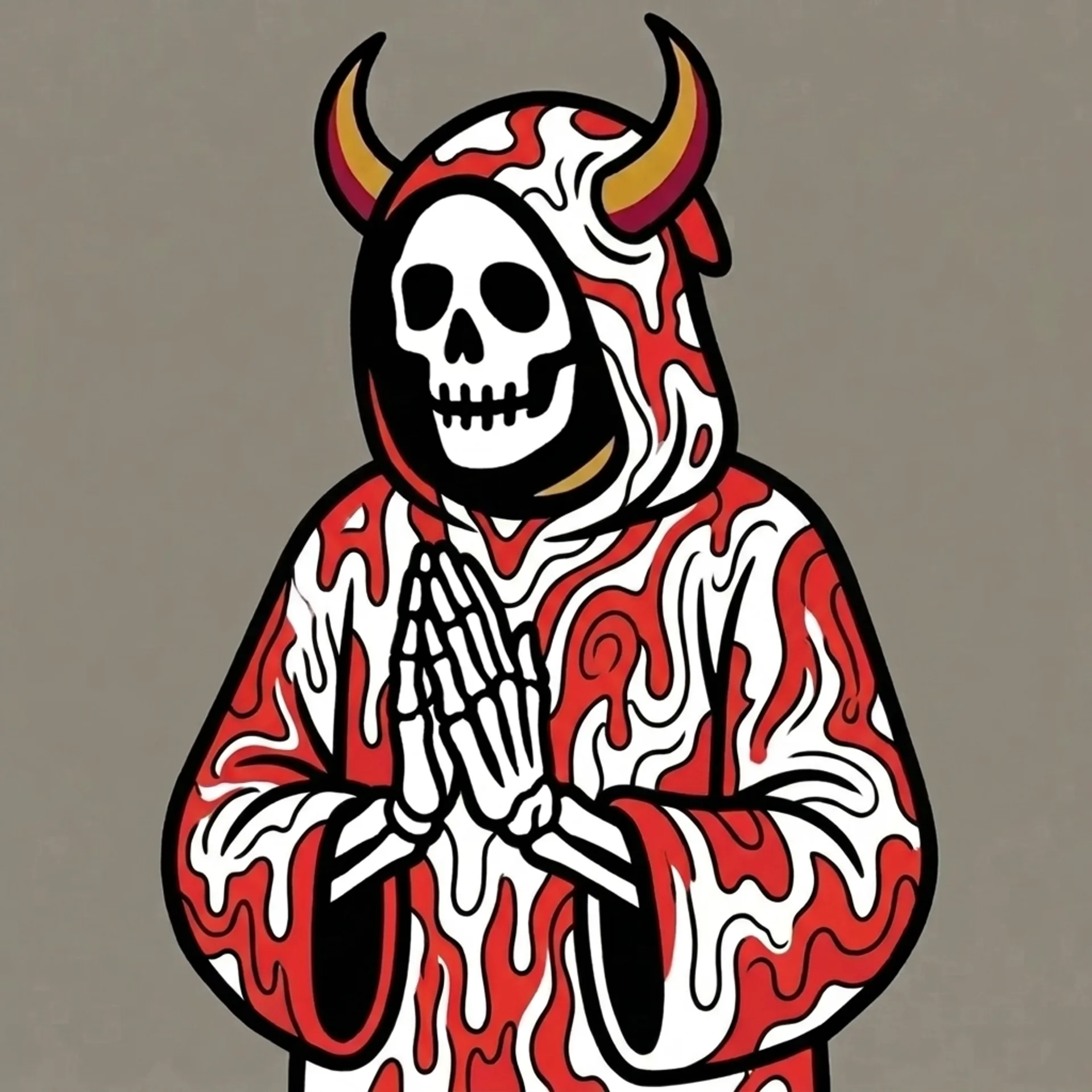 A horned Reaper in a red and white melting robe with hands in prayer