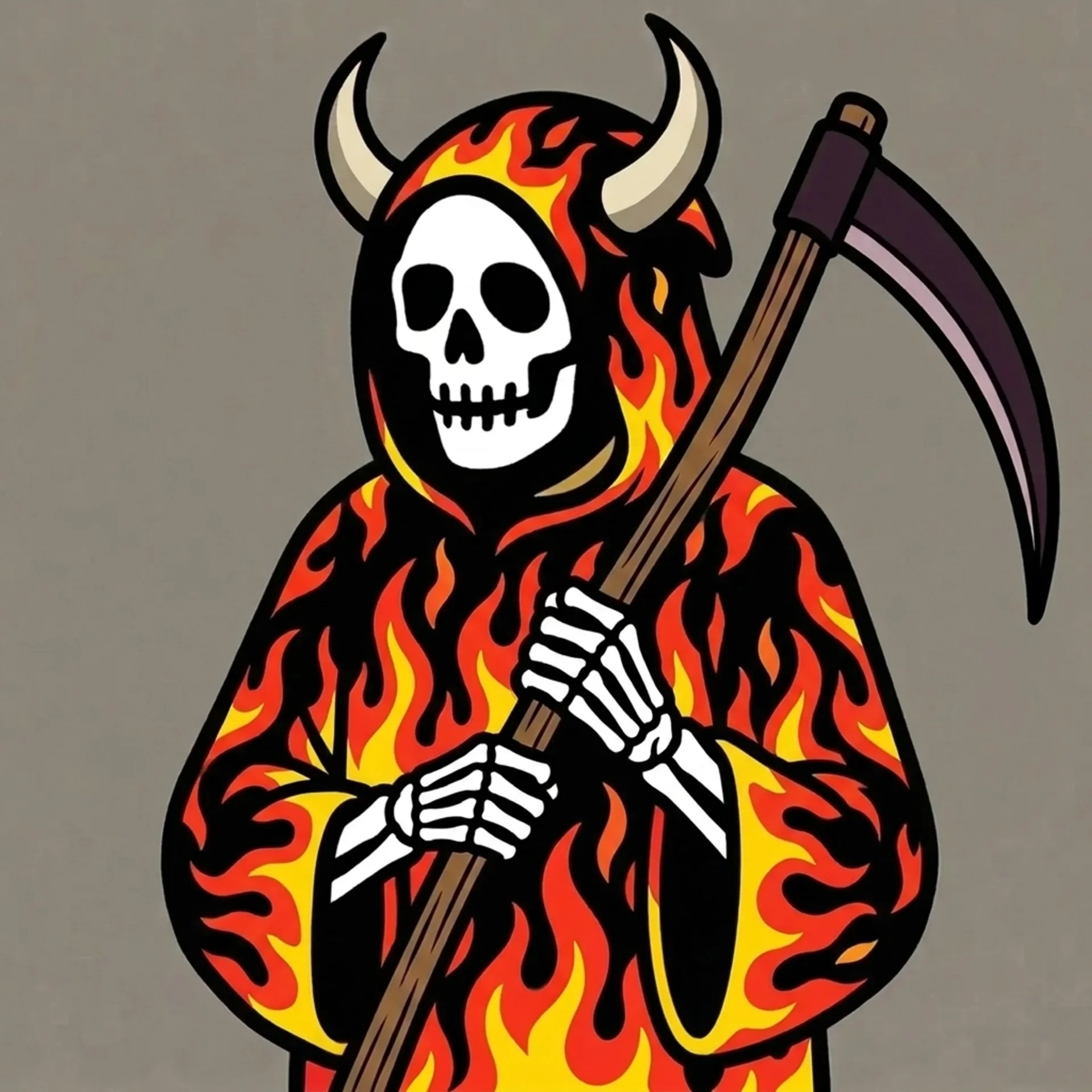 A horned Reaper in a flame robe holding a scythe