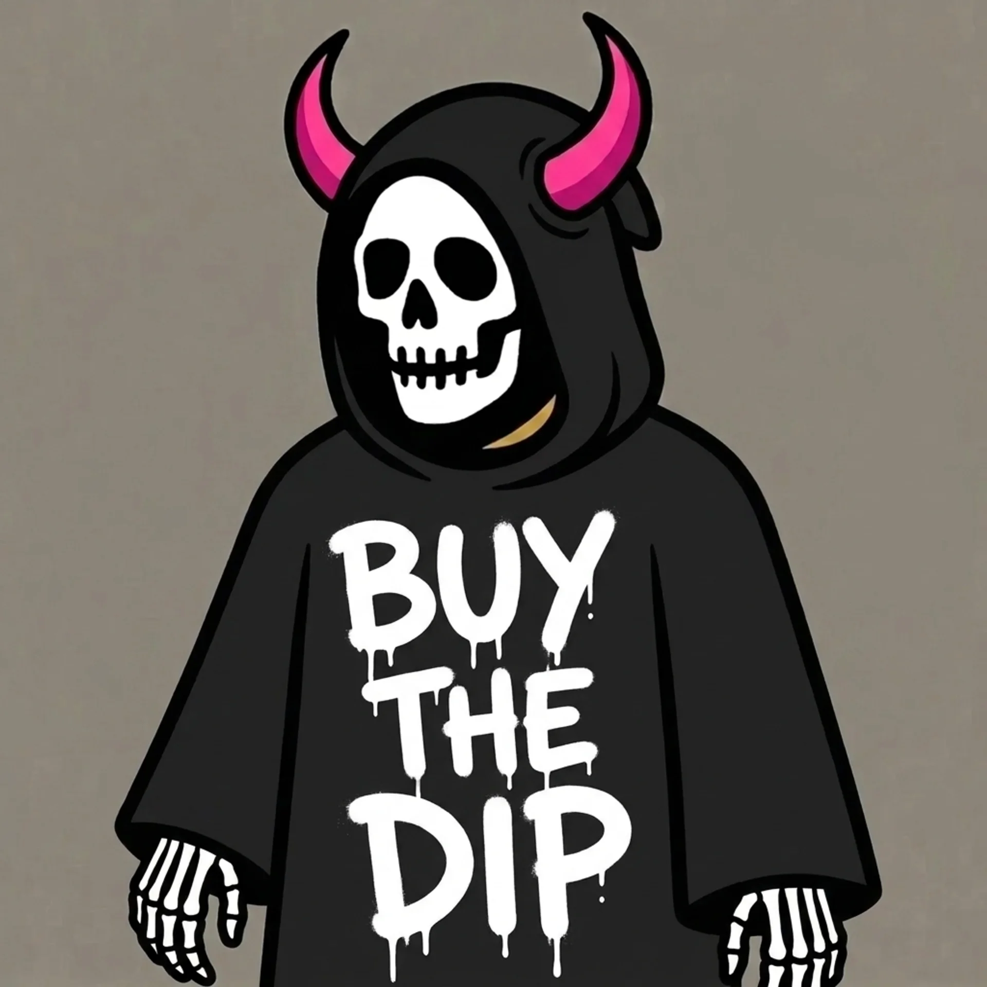 A horned Reaper in a black robe that reads Buy The Dip in dripping paint