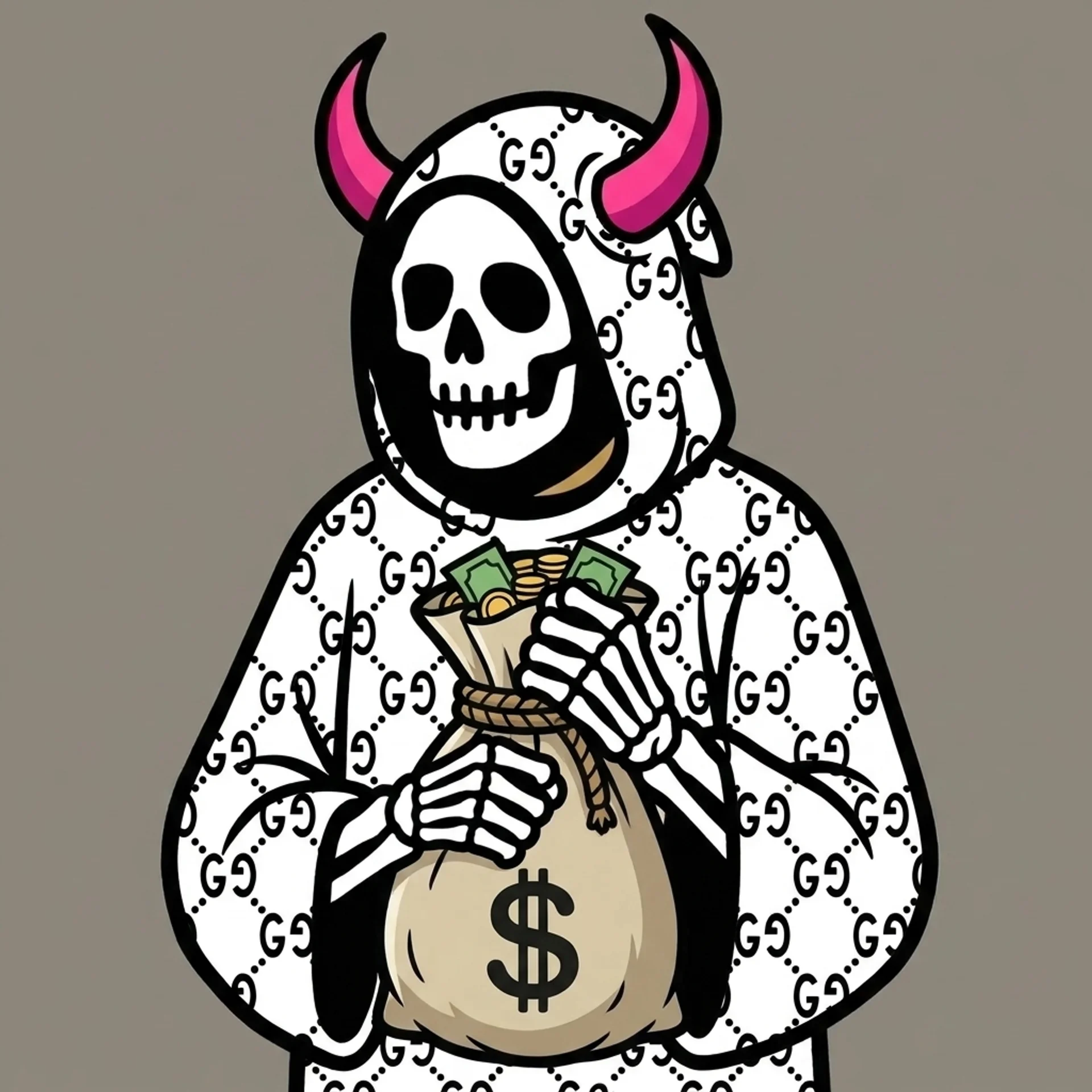 A horned Reaper in a monogram robe holding a bag of money