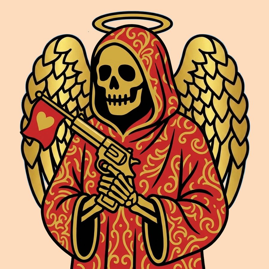 Reaper in ornate red robe with golden wings and halo holding a heart flag revolver