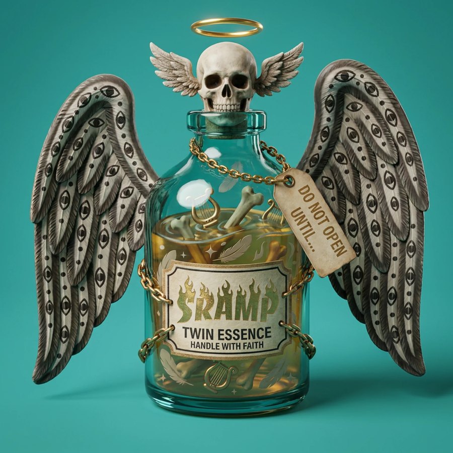 A chained glass bottle of golden Twin Essence, corked with a winged skull under a halo, tagged do not open until