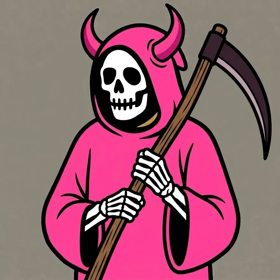 A horned Reaper in a hot pink robe holding a scythe