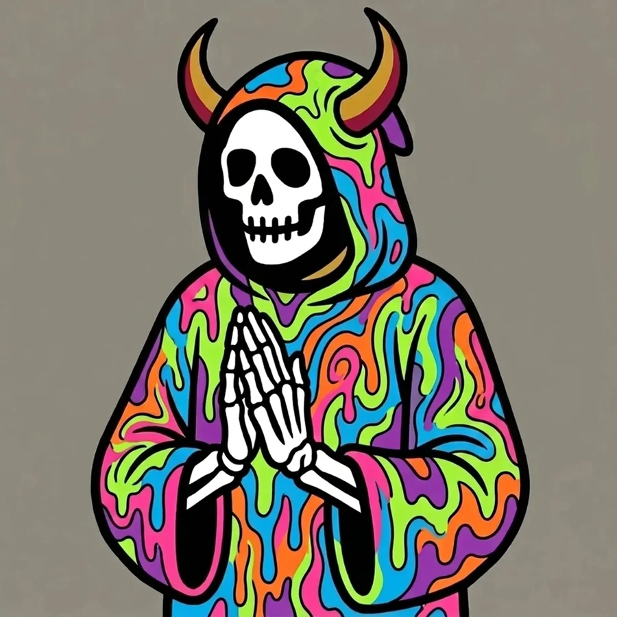 A horned Reaper in a melting psychedelic robe with hands in prayer
