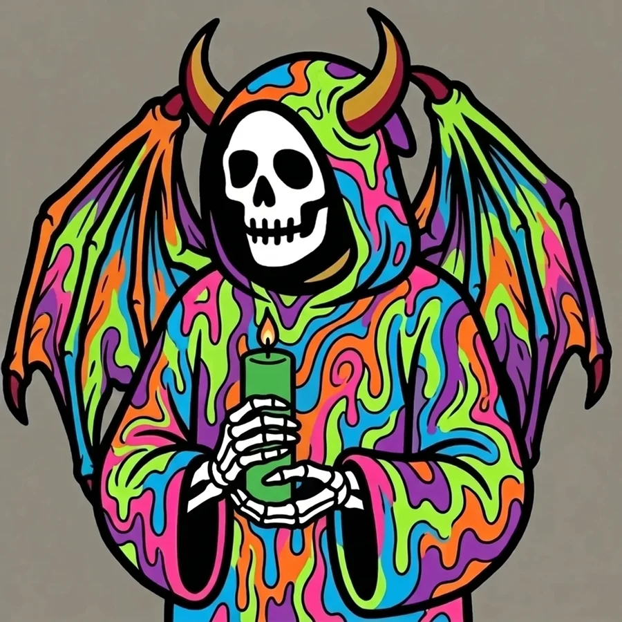 A horned Reaper with bat wings holding a green candle in a psychedelic robe