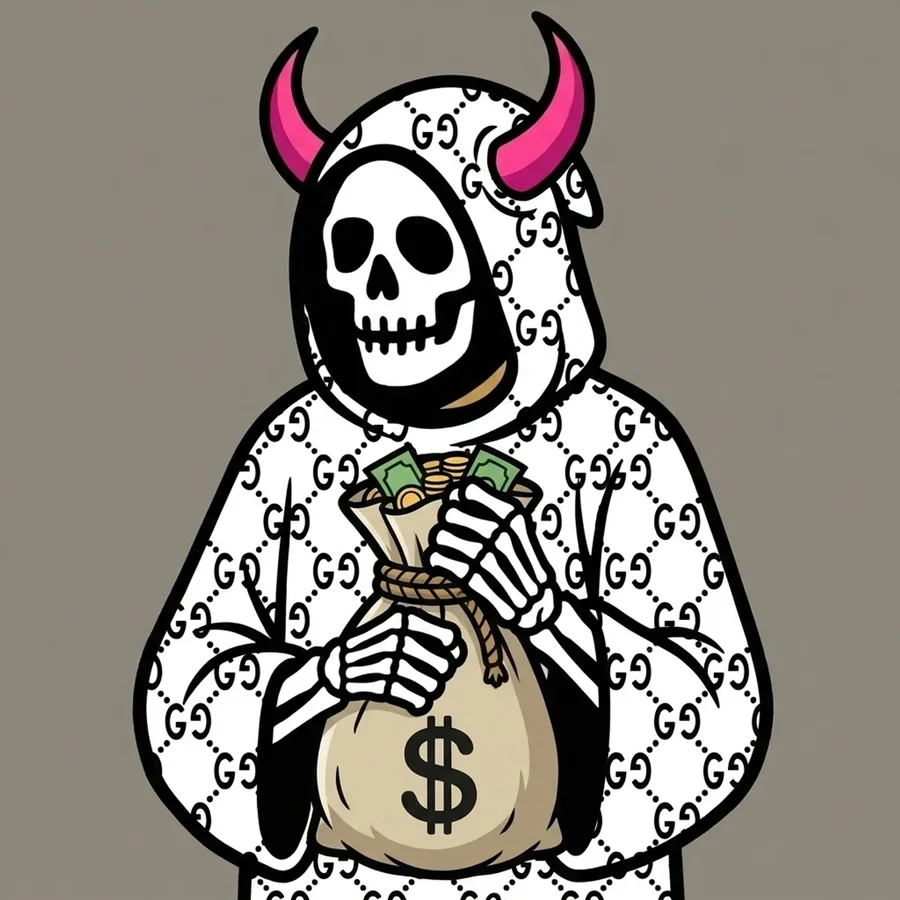 A horned Reaper in a monogram robe holding a bag of money