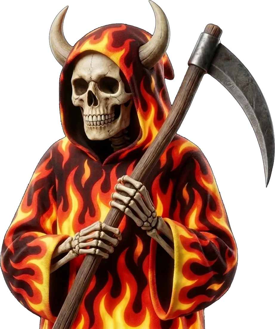 A horned Reaper in a flame robe holding a scythe, standing guard at the pyre