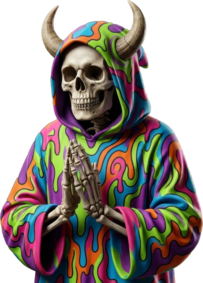 A horned Reaper in a melting psychedelic robe with hands in prayer, standing guard at the pyre