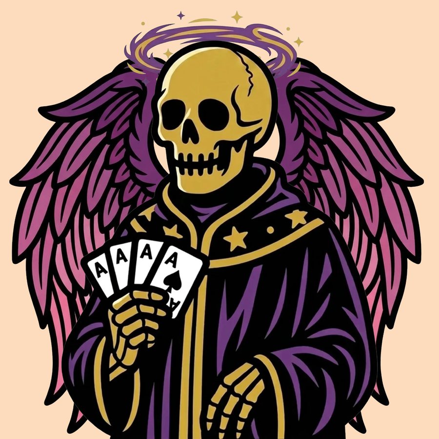 Reaper in heart-print robe and wings throwing double peace signs