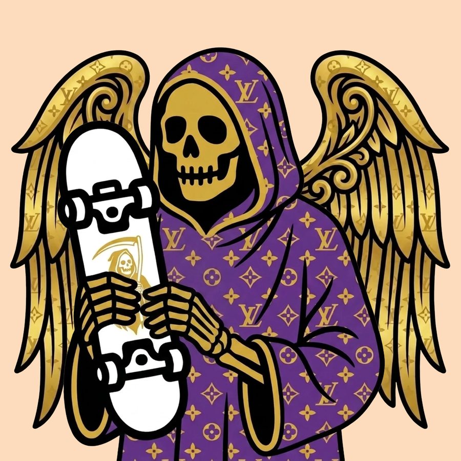 Reaper in monogrammed purple robe with gilded wings holding a skateboard