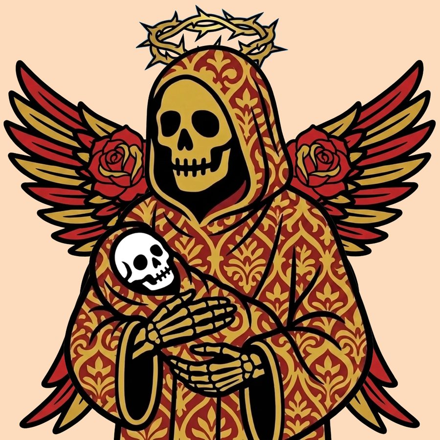 Reaper in ornate red and gold robe with rose wings and thorn halo cradling a small skull