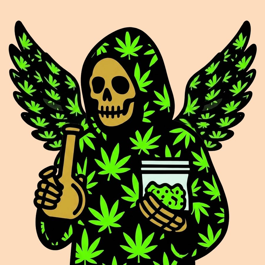 Reaper in leaf-patterned robe holding glassware and a zip bag