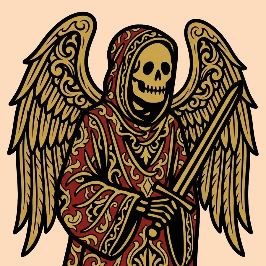 Reaper in ornate red and gold robe with gilded wings holding a sword
