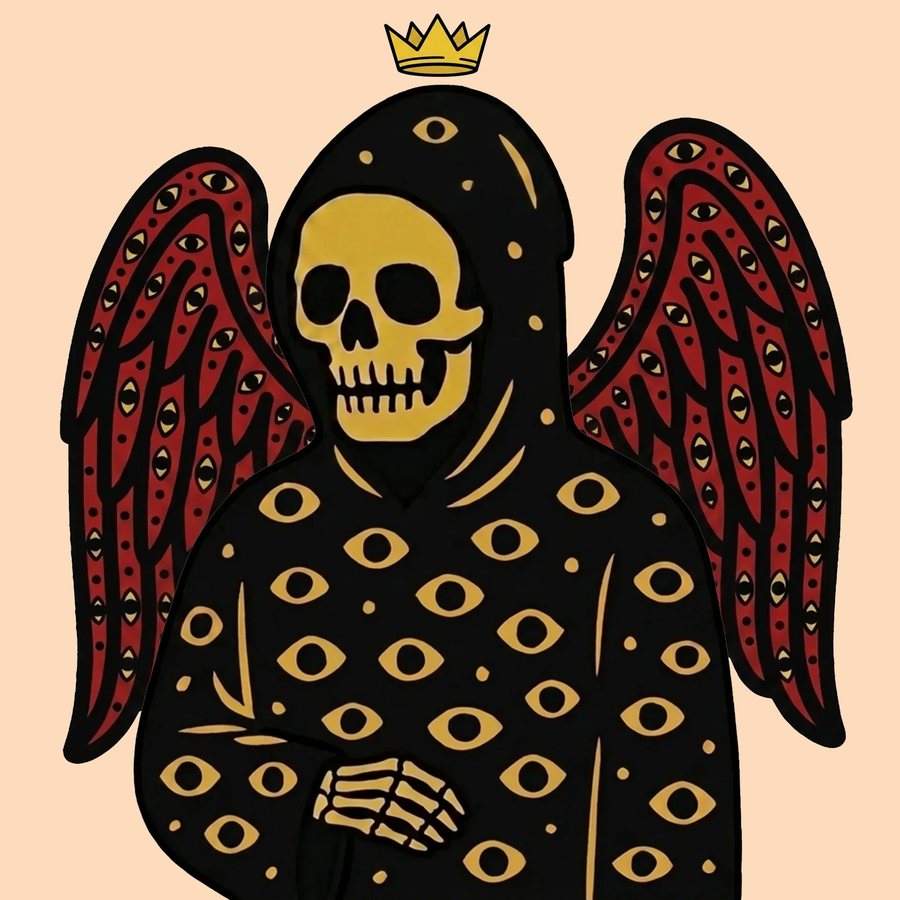 Reaper covered in golden eyes with red eye-feathered wings and a crown